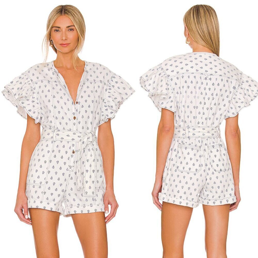 Saylor Lydia White Blue Print Cotton Shorts Romper 37454